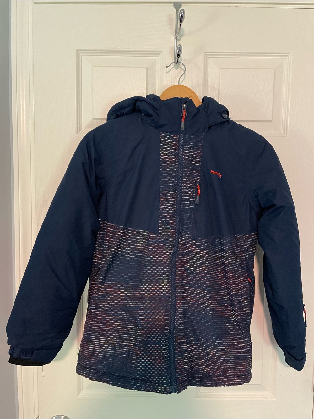Kamik Kids Navy Hooded Puffer Jacket with Subtle Multicolor Pattern